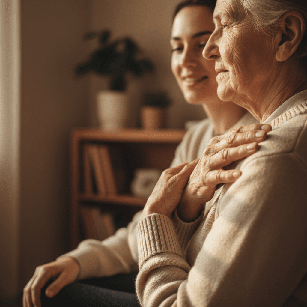Elderly person and caregiver sharing a moment of trust during a companionship visit