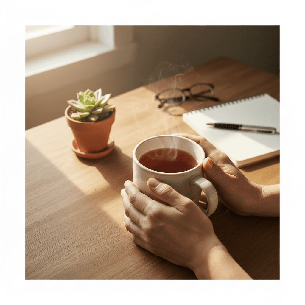 Hands holding tea together during a companionship visit at home