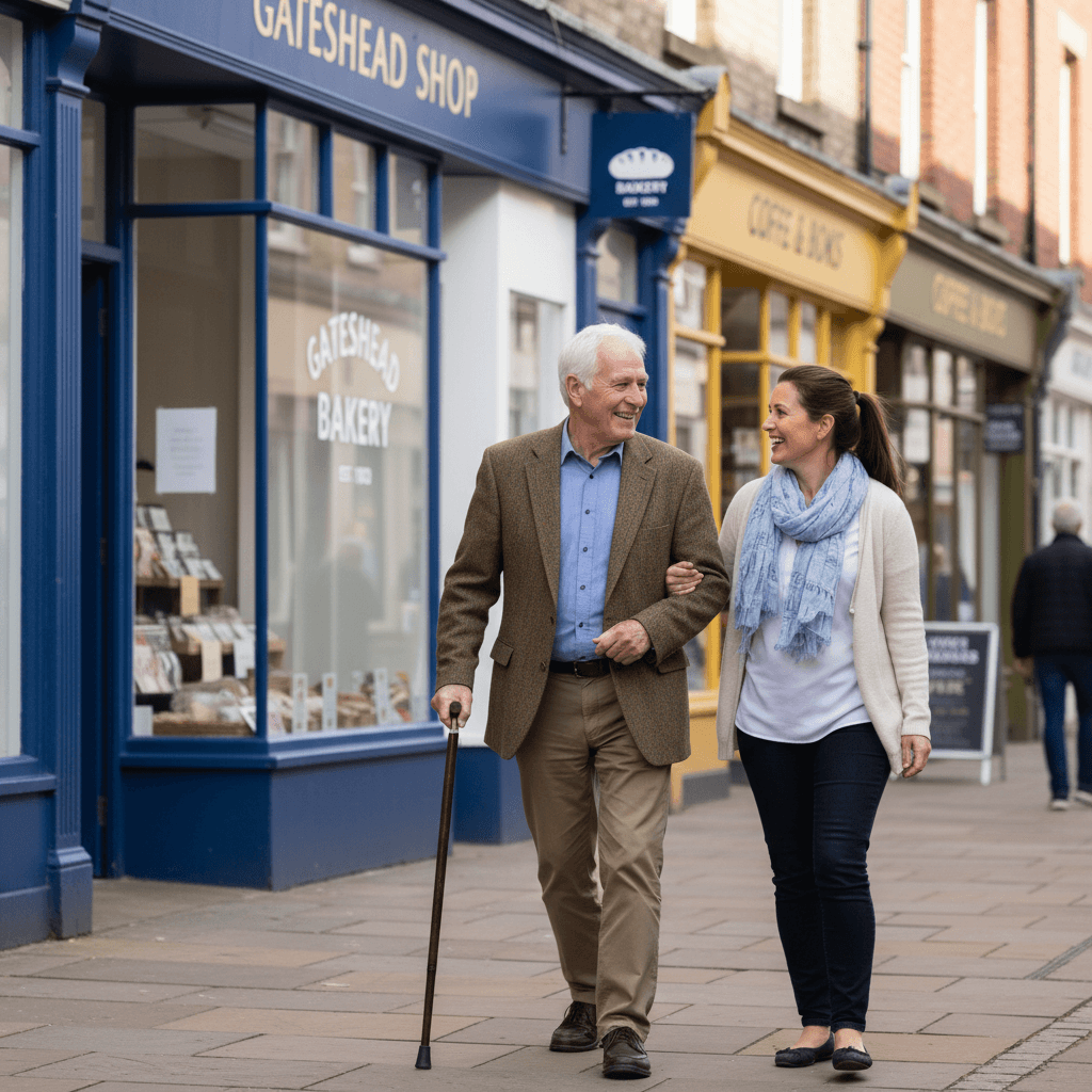 Senior and caregiver on a shopping errand together