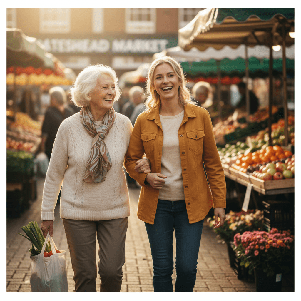 Elderly woman and caregiver shopping together in their local community