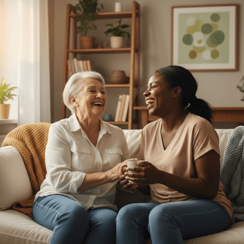 An elderly person and caregiver sharing a joyful moment together at home