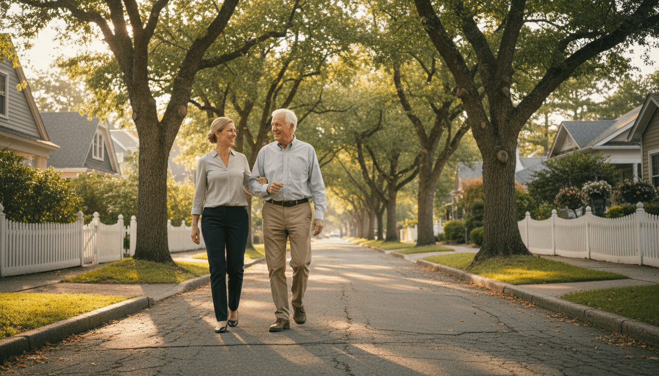 Elderly man and companion walking together on the high street